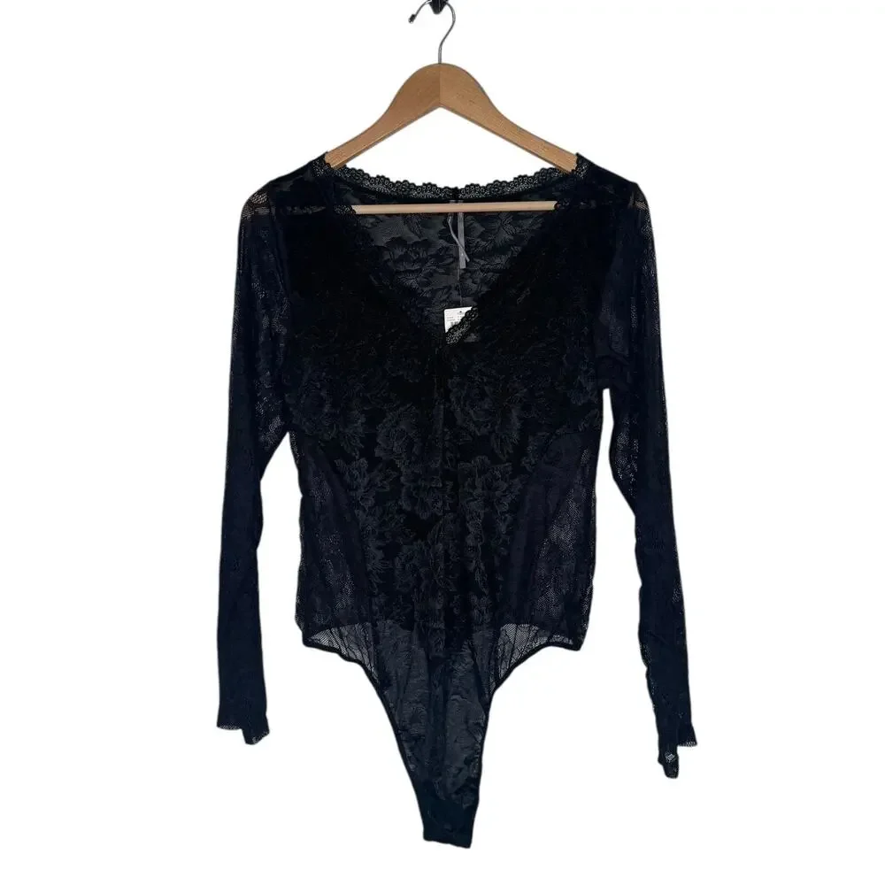 Anthropologie Long-Sleeve Sheer Lace Bodysuit Black Size XL NEW - Picture 1 of 9